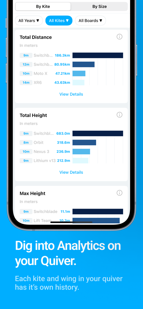 WOO Sports app dashboard showing performance analytics for different kites and wings including jump height and distance