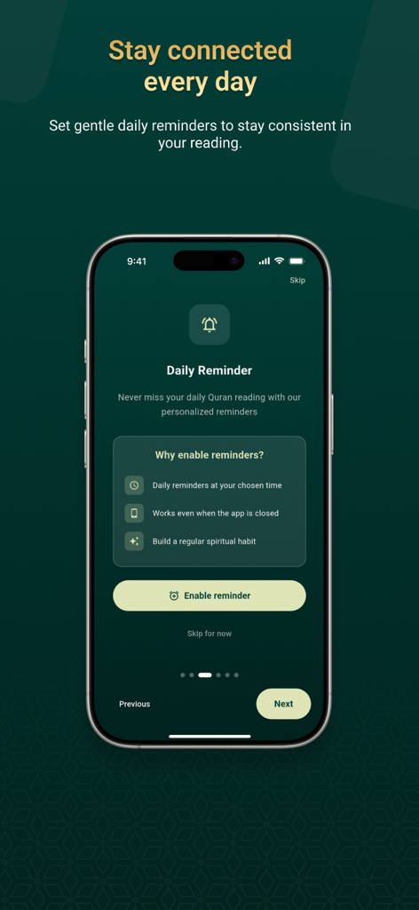 Noor: Phonetic Quran Guide - Noor app screen for setting daily Quran reading reminders