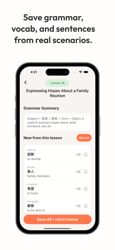 Jojo AI: Language Tutor - Jojo AI app screen showing a Chinese language lesson summary with grammar and vocabulary lists