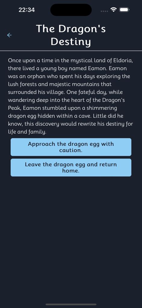 Story Teller - Tell Your Story - Interface of the Story Teller app showing a fantasy narrative and two interactive decision buttons