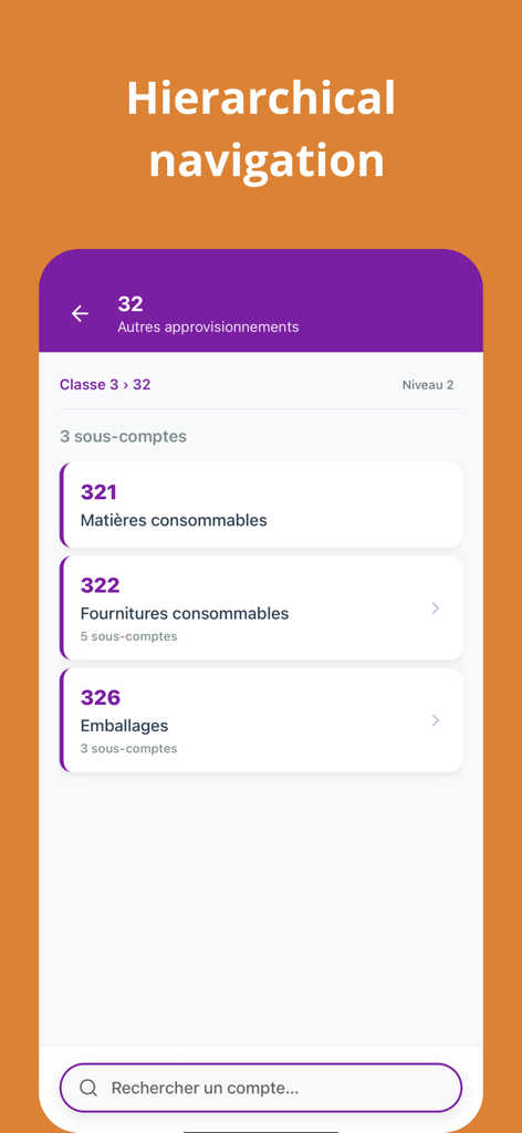 Screenshot of the French Chart of Accounts app displaying hierarchical navigation of accounting sub-accounts