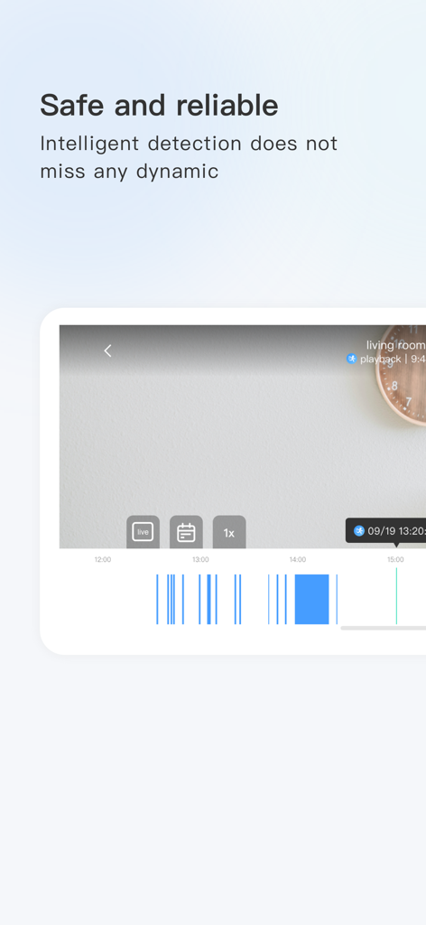 FFVideoCam - Interfaz de FFVideoCam que muestra la reproducción de video y las alertas de detección de movimiento en una línea de tiempo