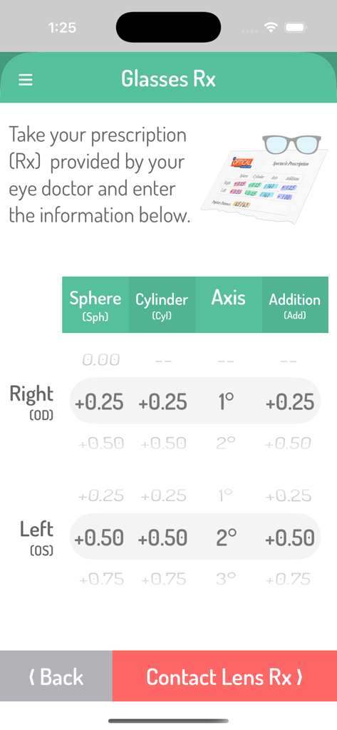 Input screen for entering eyeglasses prescription details into the Contact Lens Rx app.