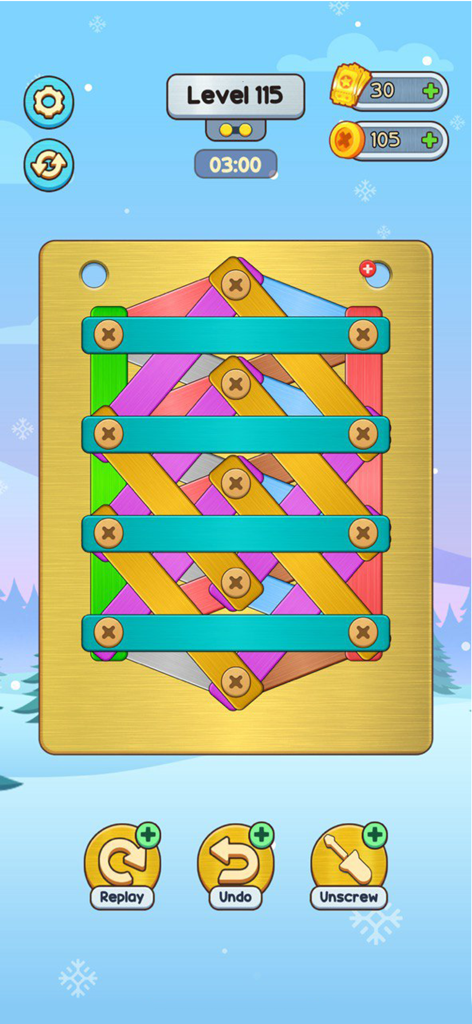 Unscrew Master: Nuts & Bolts - Screenshot des Unscrew Master Nuts and Bolts Mobile Game Level 115, das ein Logik-Rätsel mit bunten Planken und Schrauben zeigt.