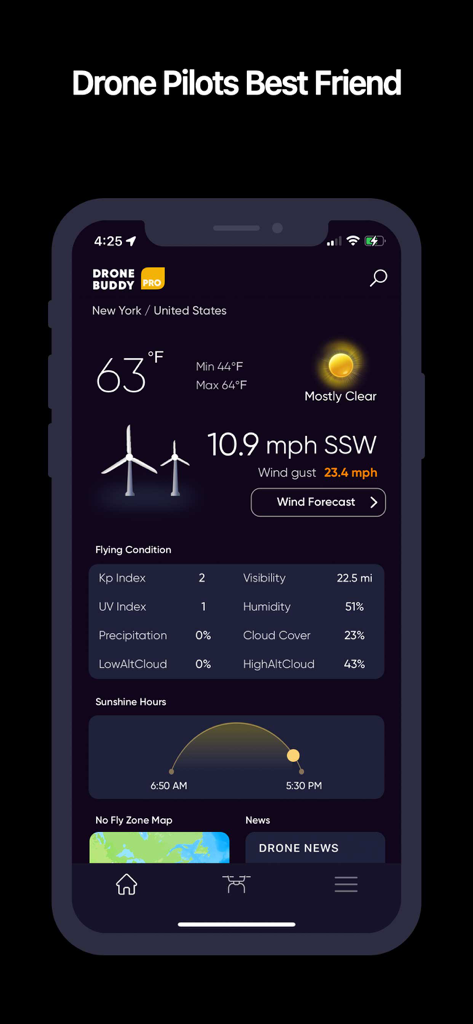 Drone Buddy: Fly Drone Safely - Interfaz de la aplicación Drone Buddy que muestra el pronóstico meteorológico en tiempo real, la velocidad del viento y las condiciones de vuelo para pilotos de drones.