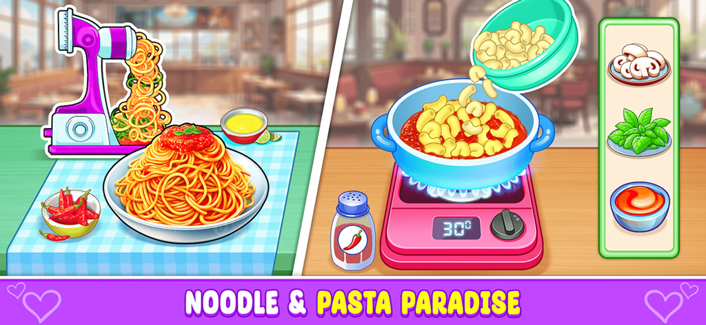 Fast Food - Cooking Game - A split screen showing a pasta maker extruding spaghetti and macaroni being cooked in a pot on a stove.