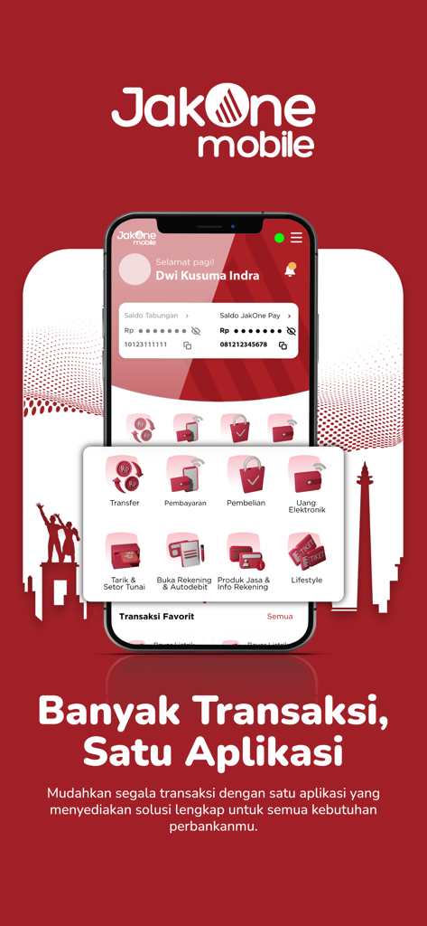 JakOne Mobile digital banking application home screen display with transaction icons and account balance