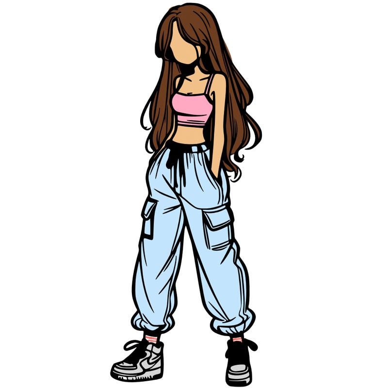 girl in baggy pants crop top and long hair