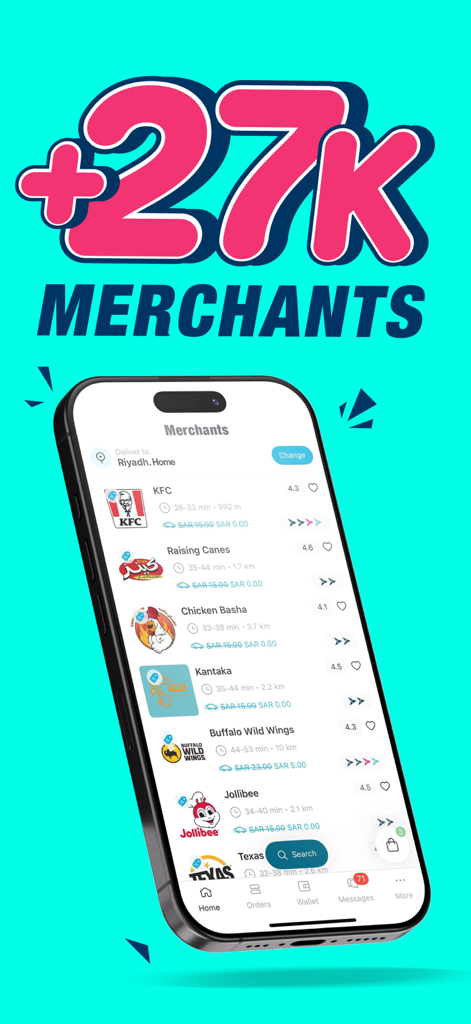 ToYou mobile app interface showing a diverse list of over 27,000 delivery merchants.