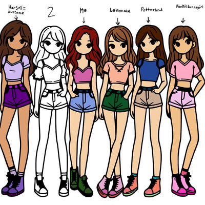 a group of girls wearing crop tops and shorts