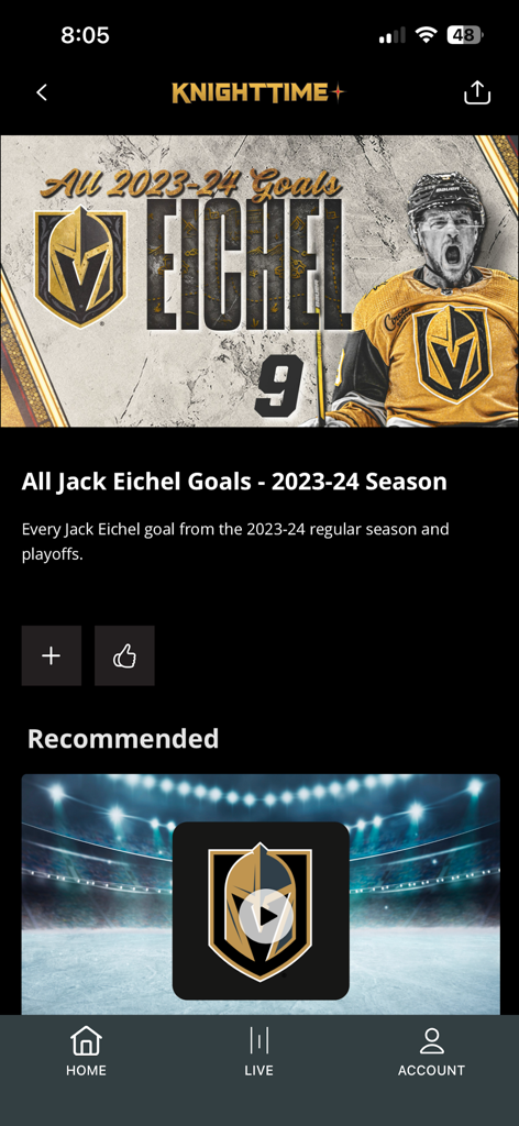 나이트타임 플러스 모바일 앱 화면에 잭 아이첼 골 영상과 추천 콘텐츠가 표시됩니다.