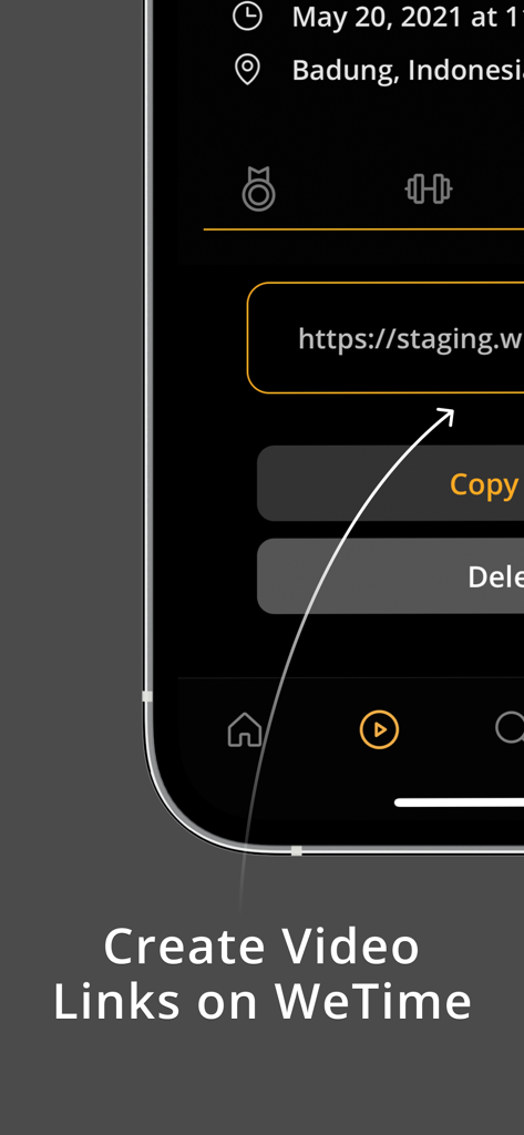 WeTime - Fitness Video Timer - Una pantalla de smartphone de la aplicación WeTime que muestra la función para crear y compartir enlaces de video de entrenamiento para competiciones de fitness funcional.