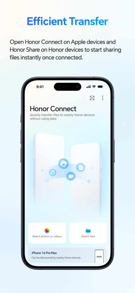 Honor Connect - Interface of the Honor Connect app on an iPhone showing file transfer options between Honor and Apple devices.
