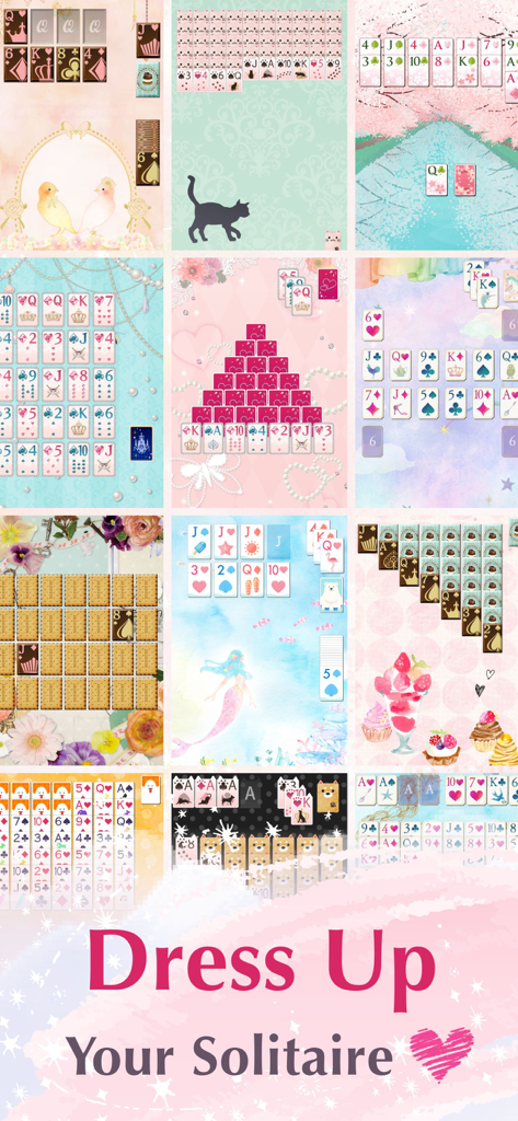 Princess*Solitaire: Cute Games - A grid of various cute and aesthetic solitaire game themes featuring different backgrounds and card designs