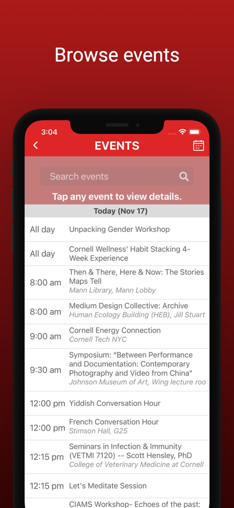 Cornell Student App - Cornell Student App interface displaying a daily schedule of campus events