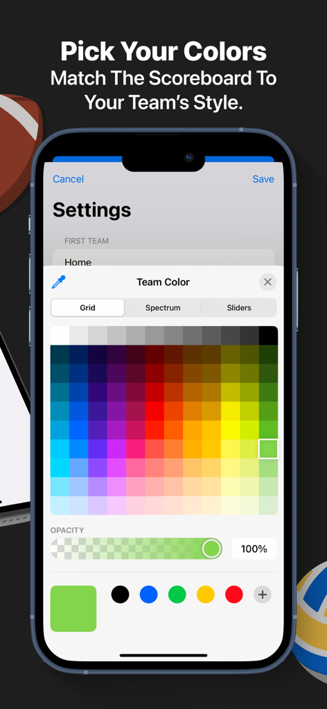 Interface for choosing and customizing team colors in the Score Keeper app