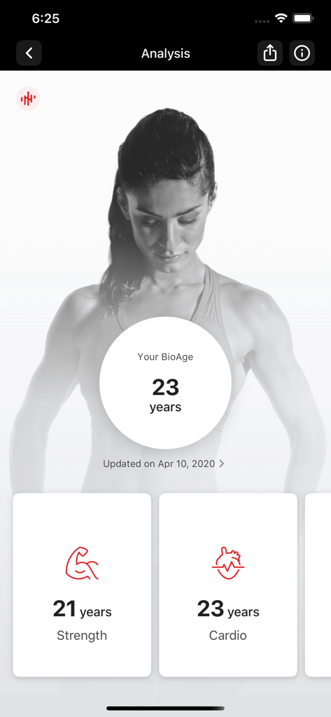 Matrix Community 360 - Basic - Screenshot of Matrix Community 360 app showing a BioAge analysis of 23 years with strength and cardio breakdowns