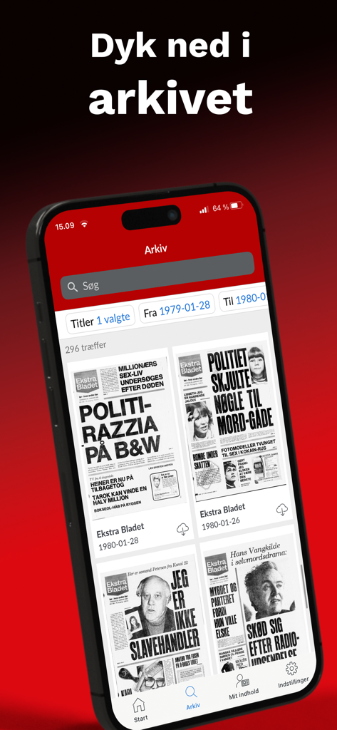Ekstra Bladet – e-Avis - A mobile interface for searching historical Danish newspaper archives dating back to 1904 within the Ekstra Bladet app.