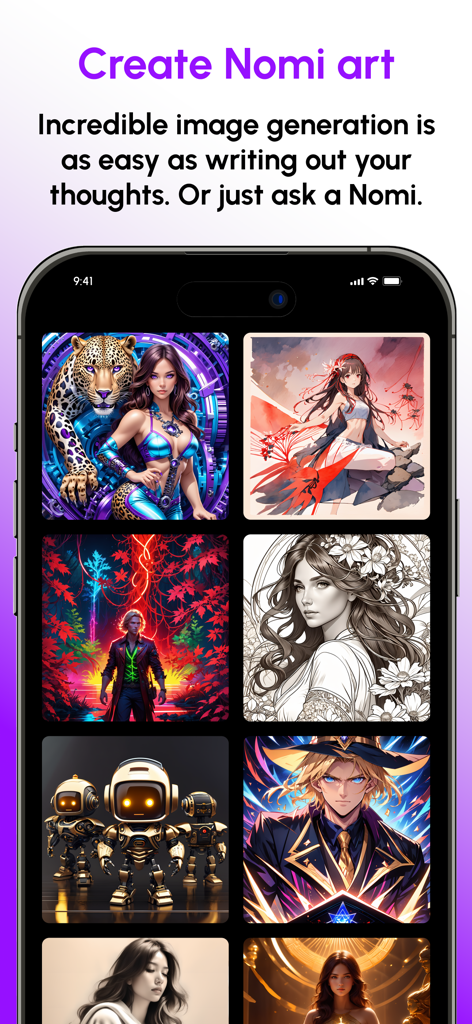 Nomi: AI Companion with a Soul - A smartphone screen displaying a gallery of diverse AI-generated images showcasing the Nomi app art generation feature.
