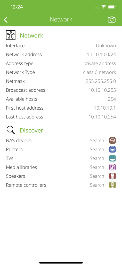 Torrent Detector - Screenshot of the Torrent Detector app showing technical network information and a discovery menu for devices like printers and NAS.
