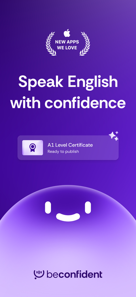 BeConfident: learn English - Écran de l'application BeConfident avec le texte Speak English with confidence et le badge A1 Level Certificate