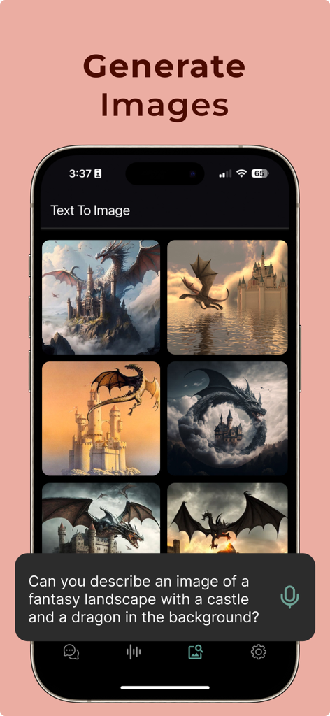 Whisper: AI Chat bot Assistant - Screenshot of the Whisper AI app displaying the text to image feature with generated fantasy art of dragons and castles