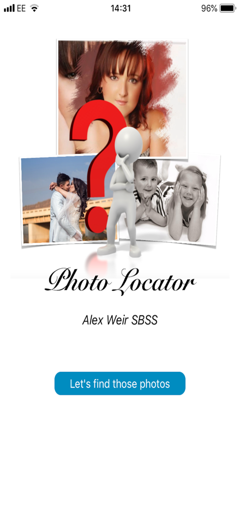 Pantalla de inicio de la aplicación Photo Locator con fotos de ejemplo y un botón de inicio para encontrar ubicaciones de fotos