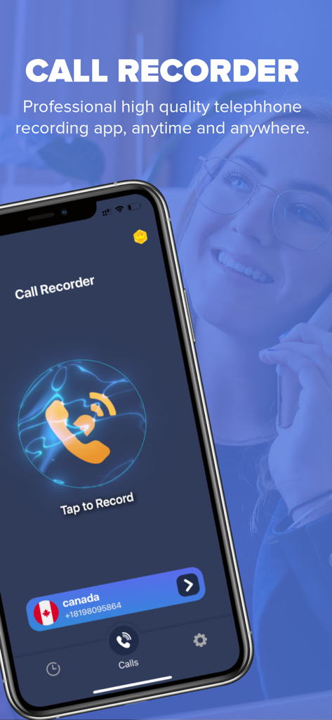 Smartphone showing the RecordCall app interface with a large tap to record button and a contact selection for Canada