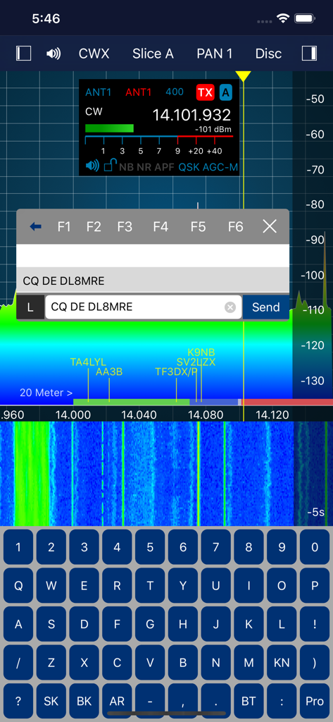 SmartSDR app interface showing a radio spectrum waterfall and CW text entry keyboard