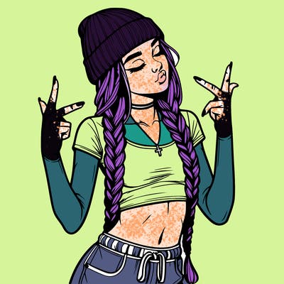 realistic teenage girl with braids and a beanie and crop top doing 🫶🏼