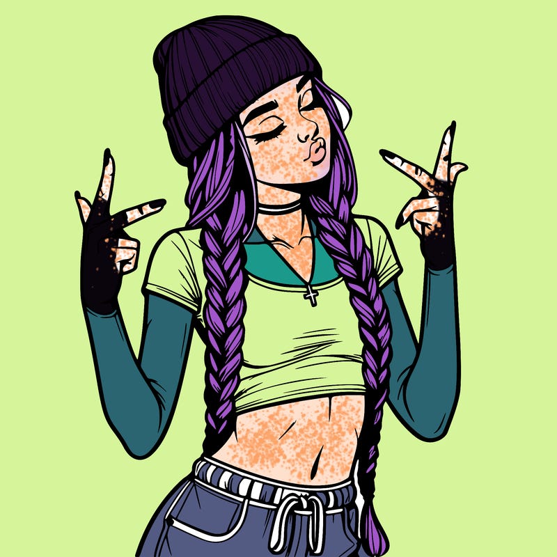 realistic teenage girl with braids and a beanie and crop top doing 🫶🏼