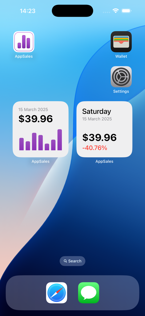 AppSales for App Store Connect - AppSales widgets on an iPhone home screen showing revenue and sales charts