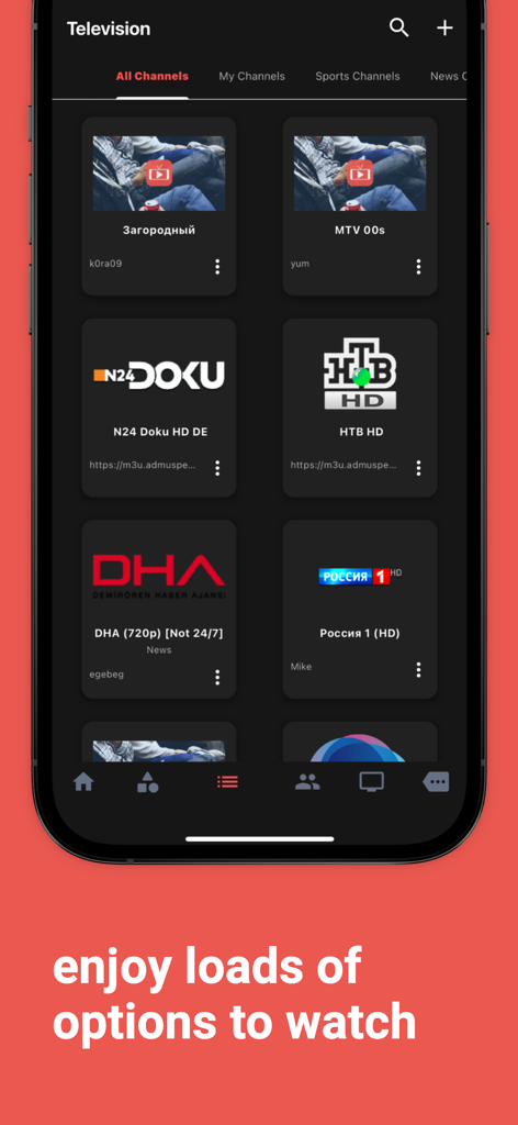 The Television IPTV app interface displaying a wide selection of international live TV channels.