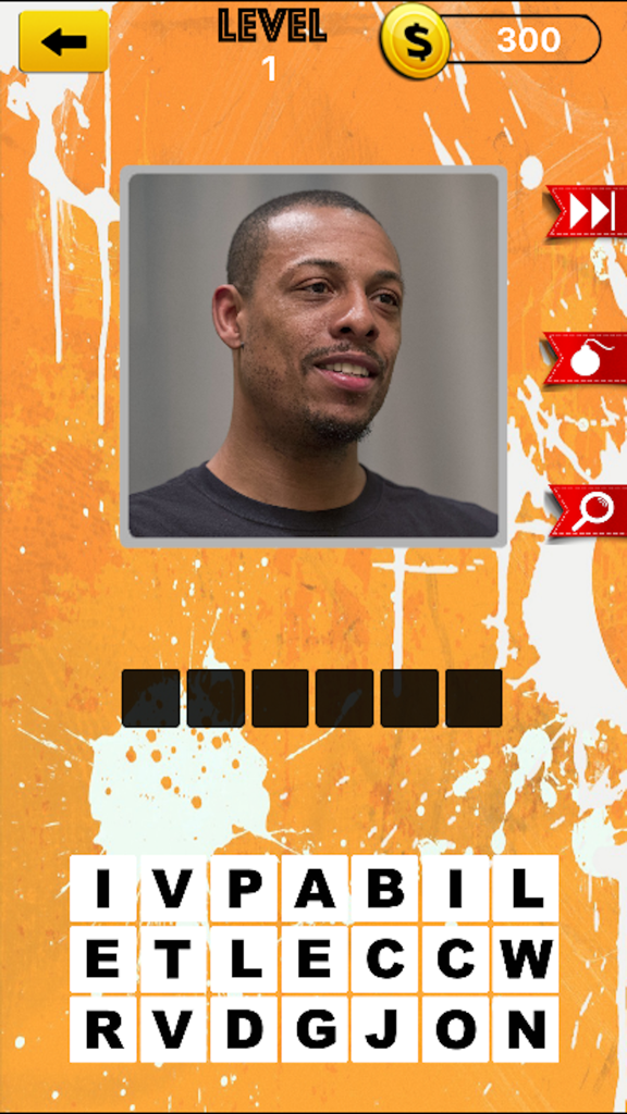 Gameplay of Basketball Super Star Trivia Quiz showing an NBA player guessing level with letter tiles