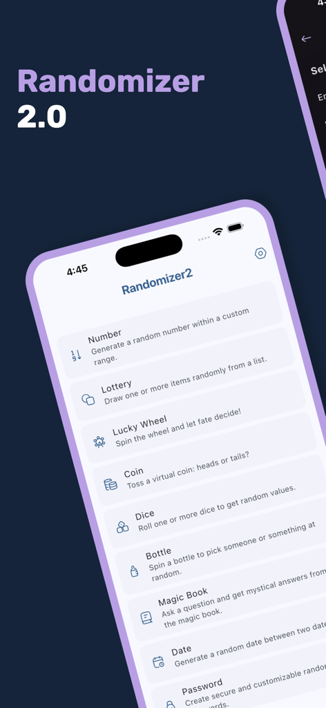 Randomizer2.0 - Interfaz de la aplicación Randomizer 2.0 que muestra varias herramientas para tomar decisiones como ruleta de la suerte, lanzamiento de moneda y tirador de dados