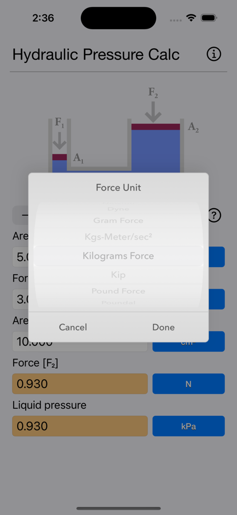 Hydraulic Pressure Calculator - Interface of the Hydraulic Pressure Calculator app showing a force unit selection menu.