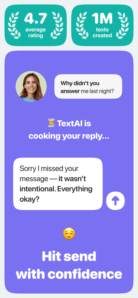 TextAI - AI Texting Assistant - TextAI app interface showing an AI generated response to a text message