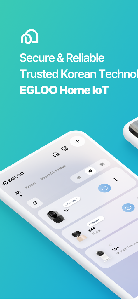 EGLOO smart home security app interface showing a dashboard with connected IoT monitoring devices.