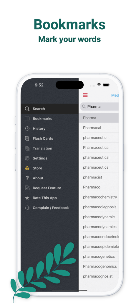 Interface de l'application Dictionnaire médical montrant le menu de navigation et les résultats de recherche pour les termes pharmaceutiques