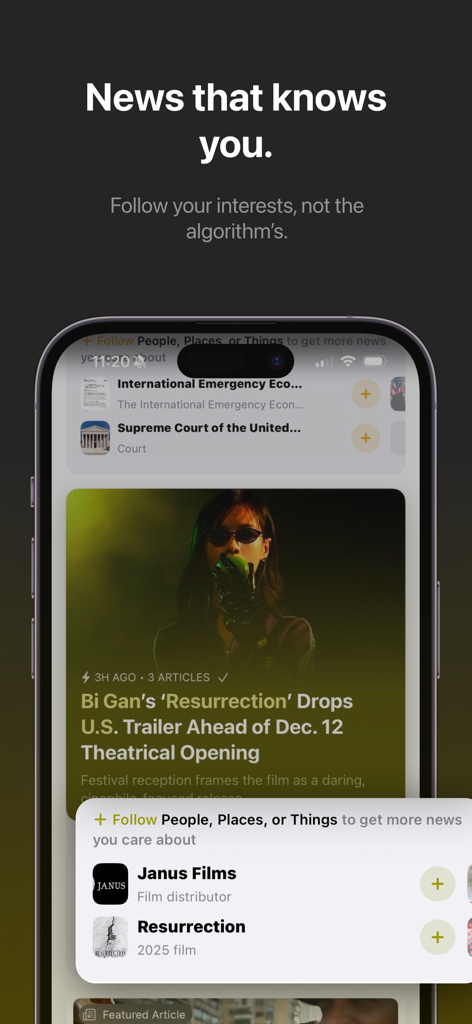 Particle news app screen showing a personalized news feed with options to follow specific interests