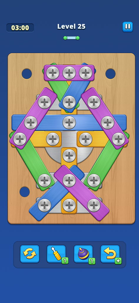 Jogo do Nível 25 de Take Off Bolts Screw Puzzle mostrando placas de metal coloridas presas por parafusos em uma tábua de madeira