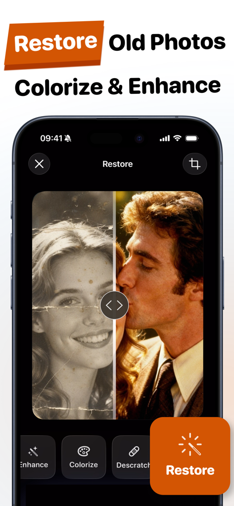 Fix Old Photos - Remend AI - App interface showing a before and after comparison of a restored old photo with colorization