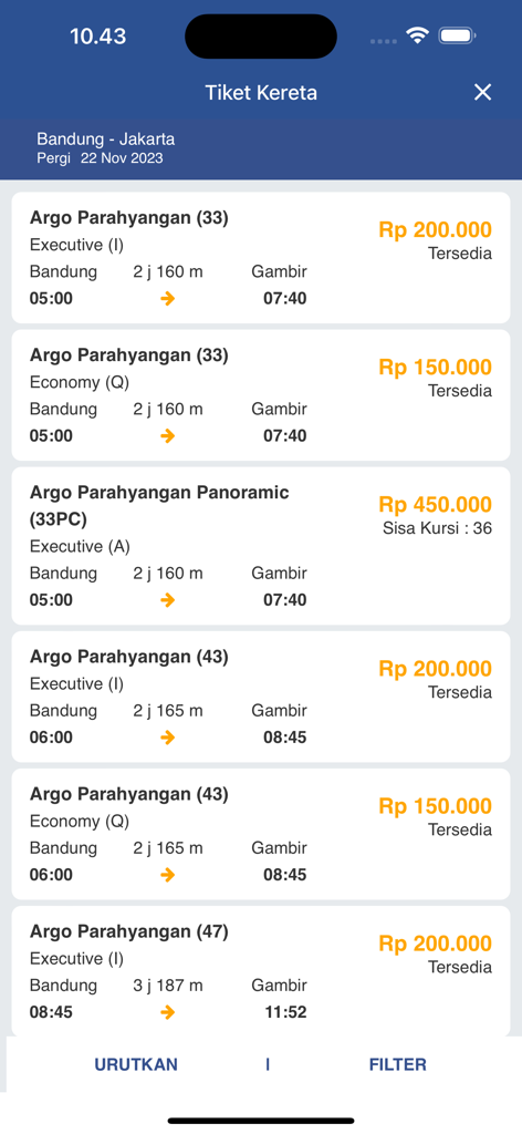Interface de reserva de passagens de trem de Bandung para Jacarta no app Hotel Murah.