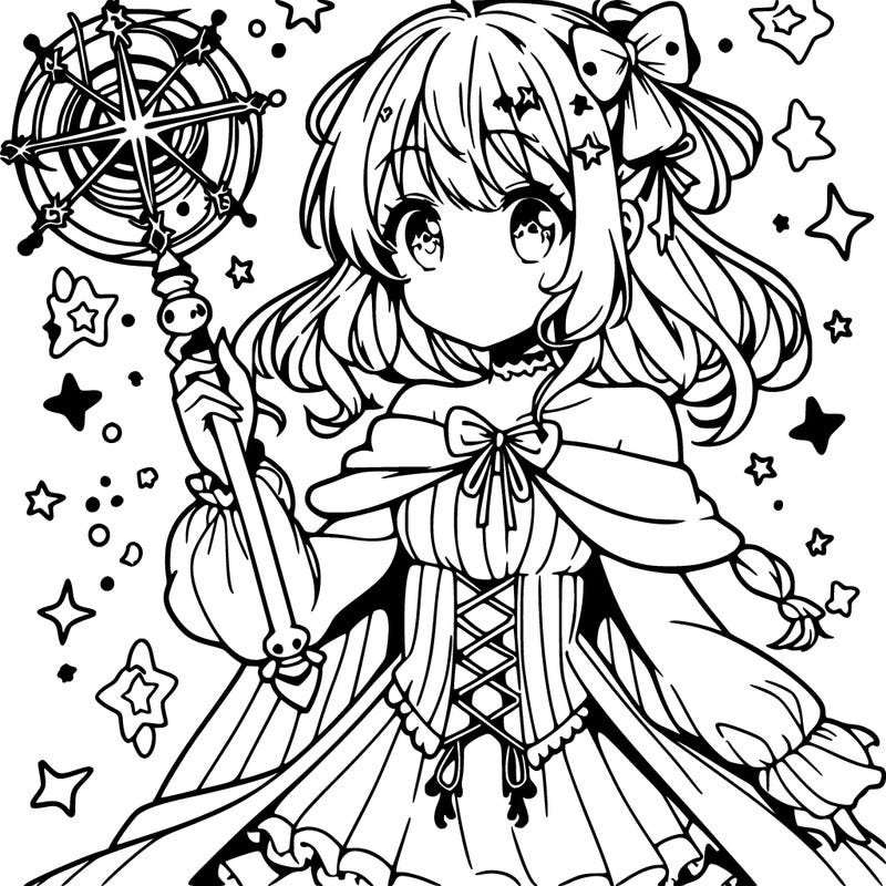 anime girl holding wand with magic around her