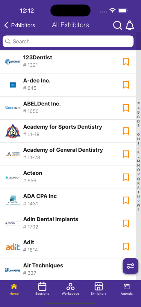 Pacific Dental Conference - Alphabetical list of exhibitors with booth numbers in the Pacific Dental Conference mobile app