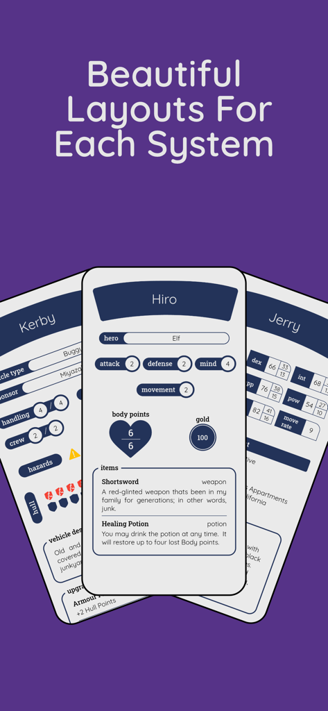 Protagonist - Three mobile screens displaying different character sheet layouts for various RPG systems within the Protagonist app.