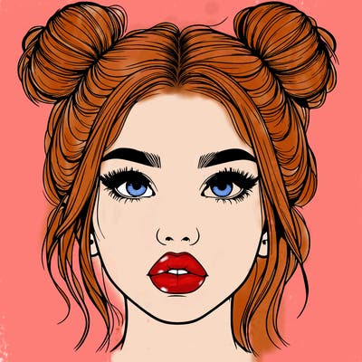 realistic girl with two buns on her hair and lips