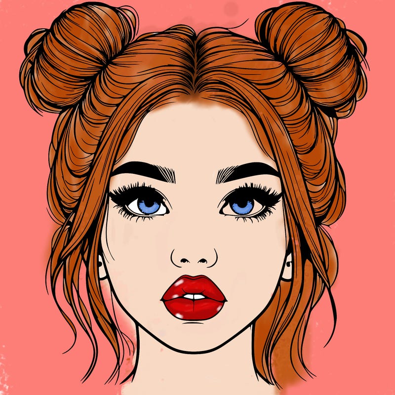 realistic girl with two buns on her hair and lips