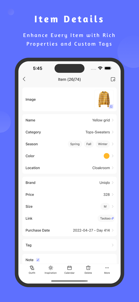 SimpleCloset app item details screen displaying wardrobe management features for a yellow sweater