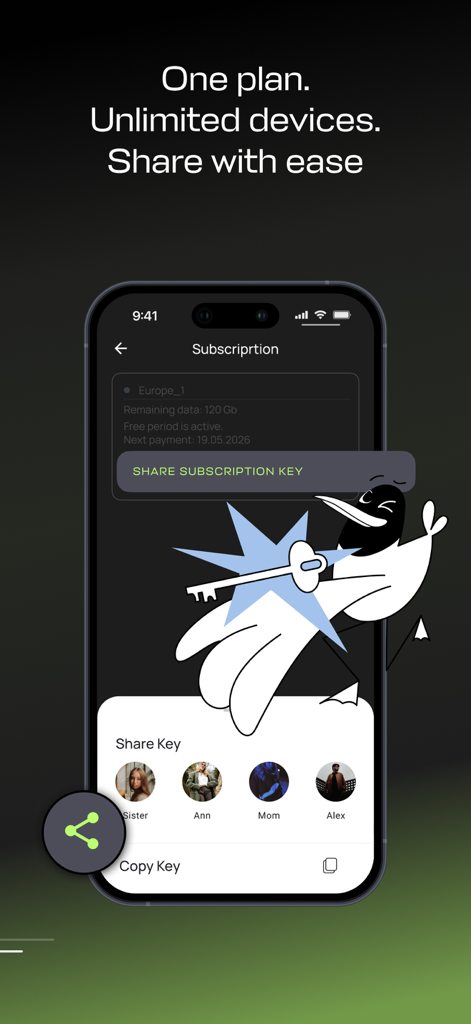 Paper VPN - Paper VPN app interface showing the share subscription key feature for unlimited devices and family members.